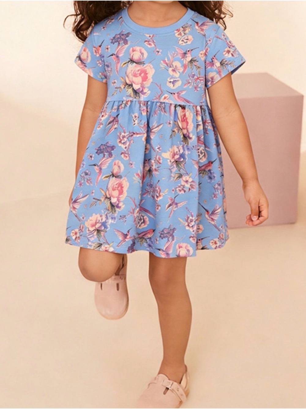 Girls' Blue Floral Short Sleeve Dress